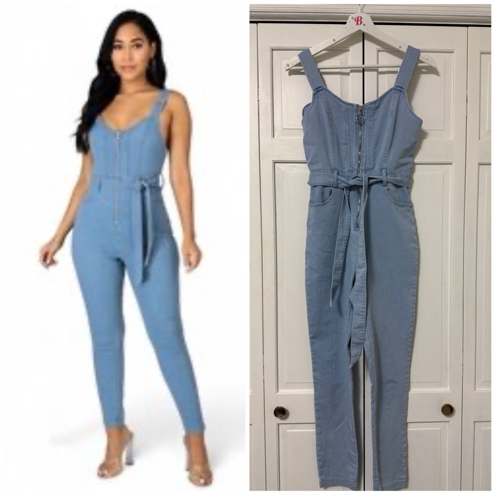Iris Women's Light Blue Fitted Stretch Overall Denim Jumpsuit Small